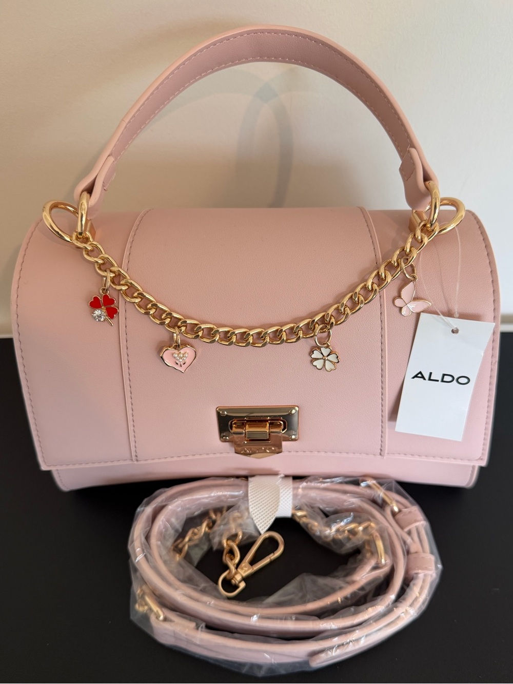 ALDO Pink Top Handle Satchel Crossbody Bag Charm Chain NWT